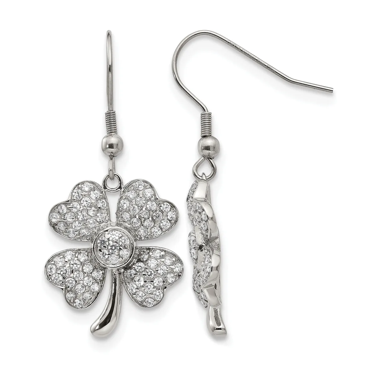 A pair of silver four-leaf clover earrings with crystal rhinestones and hook-style ear wires, shown from front and side views.