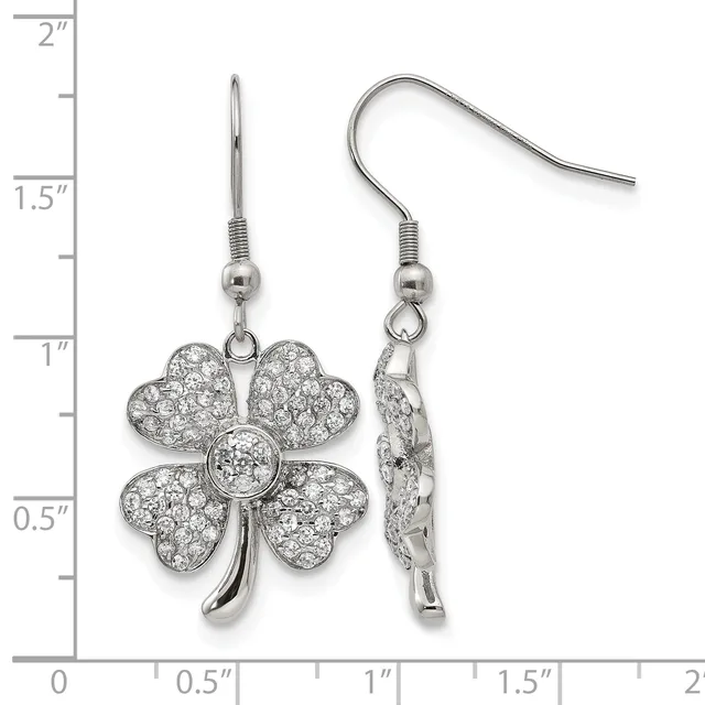 Pair of silver-tone four-leaf clover earrings with crystal pave stones and matching ear wires, displayed against a ruler showing approximately one inch in length.