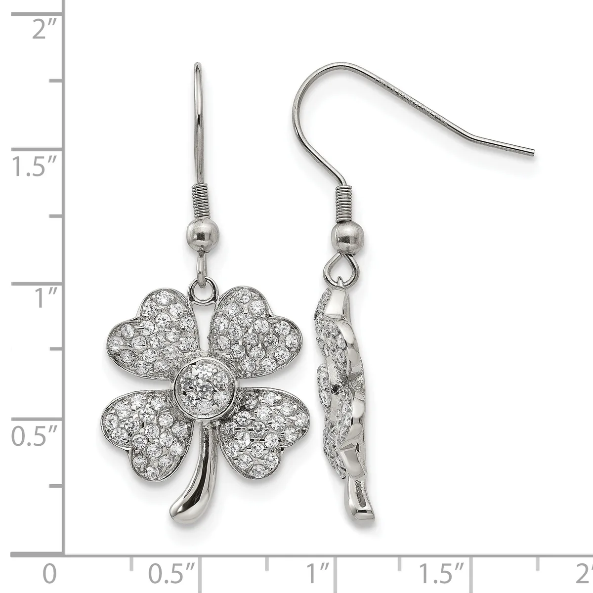 Pair of silver-tone four-leaf clover earrings with crystal pave stones and matching ear wires, displayed against a ruler showing approximately one inch in length.