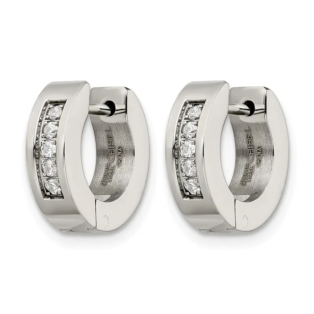 Pair of polished silver huggie hoop earrings with channel-set round diamonds along the front surface, shown from front and side views.