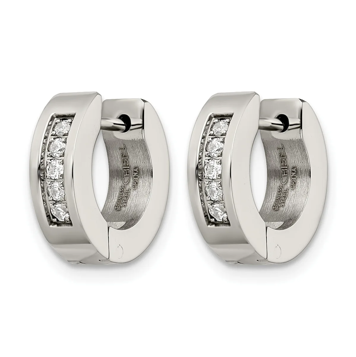 Pair of polished silver huggie hoop earrings with channel-set round diamonds along the front surface, shown from front and side views.