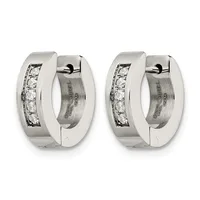 Pair of polished silver huggie hoop earrings with channel-set round diamonds along the front surface, shown from front and side views.