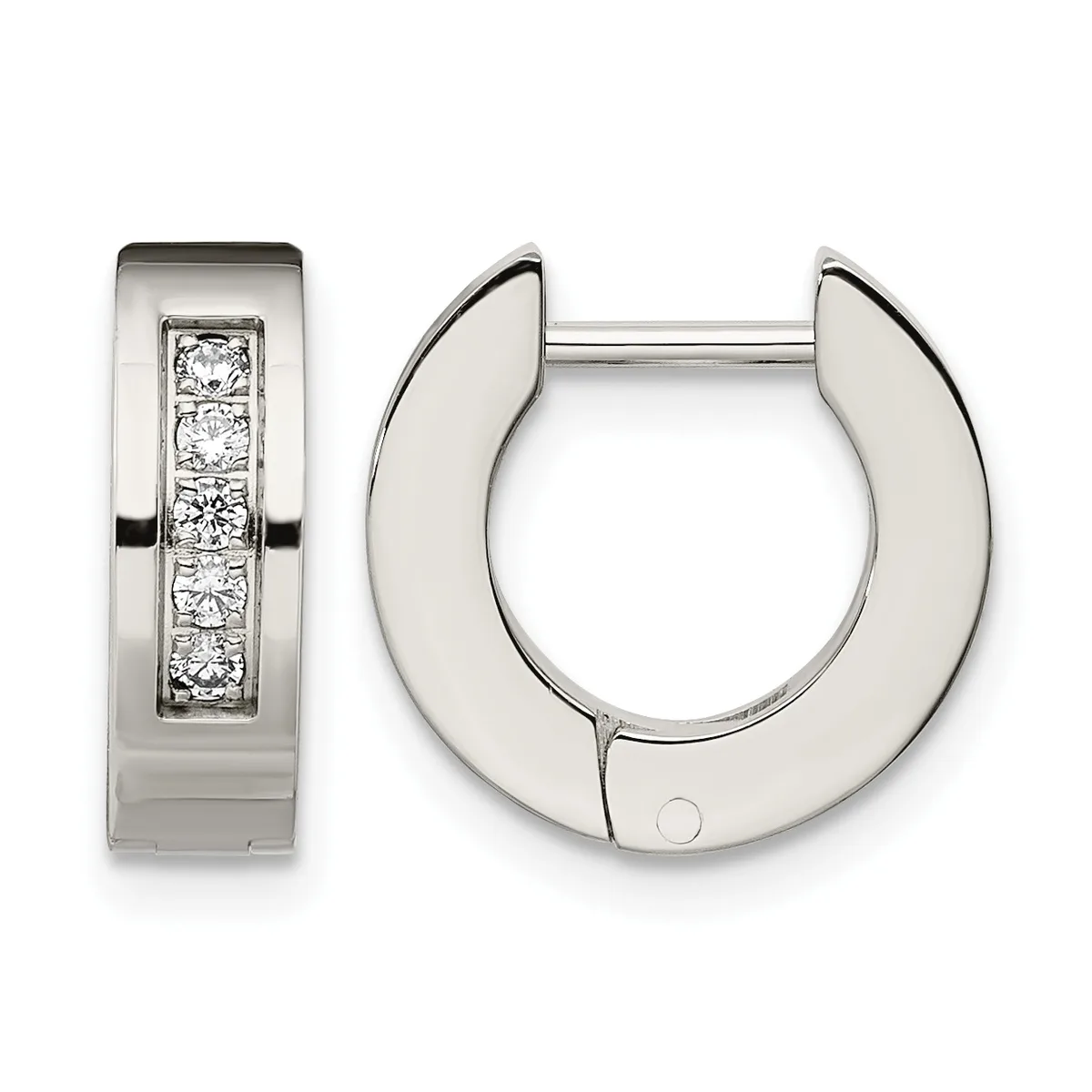 A pair of polished silver huggie earrings with channel-set round diamonds arranged in a vertical line on the front surface, shown from front and side views.