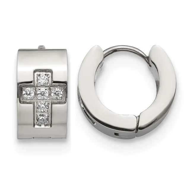 Pair of polished silver huggie earrings with a cross design set with small diamonds on the front surface.