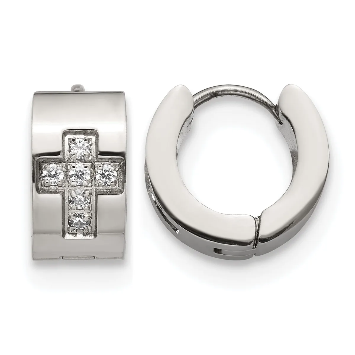 Pair of polished silver huggie earrings with a cross design set with small diamonds on the front surface.