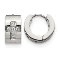 Pair of polished silver huggie earrings with a cross design set with small diamonds on the front surface.