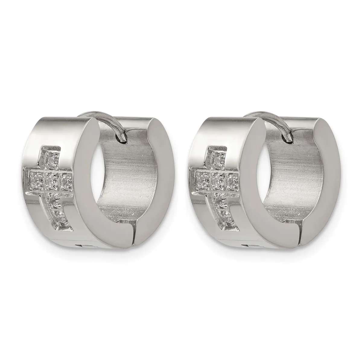 Pair of polished silver huggie hoop earrings with cross-shaped diamond settings on the front surface.