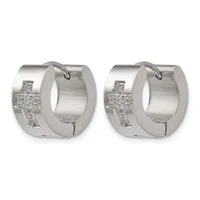 Pair of polished silver huggie hoop earrings with cross-shaped diamond settings on the front surface.