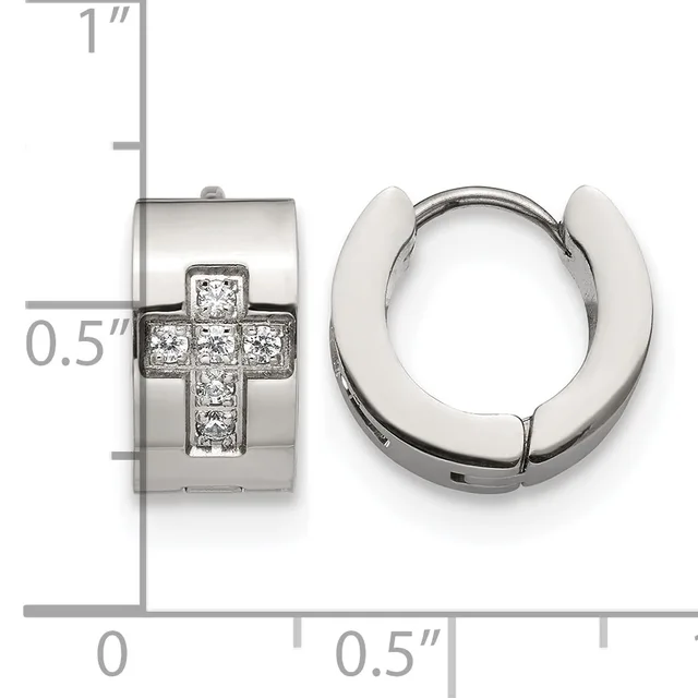 Pair of silver huggie earrings with a cross design set with diamonds, shown from front and side views with a measurement scale.
