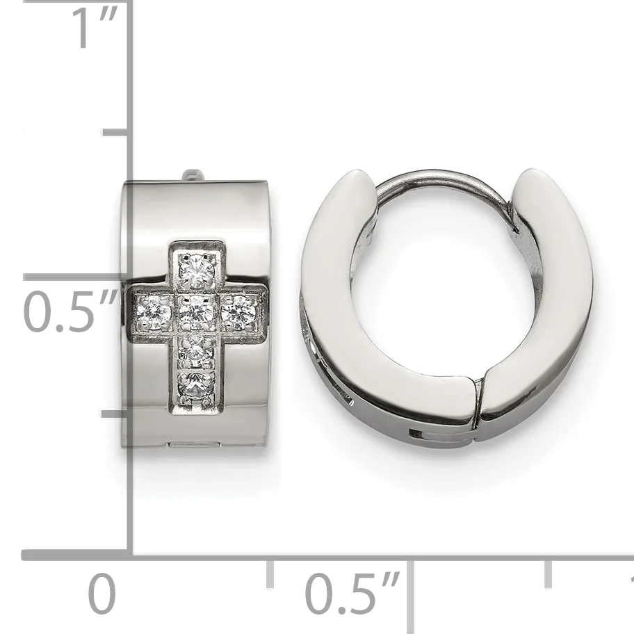 Pair of silver huggie earrings with a cross design set with diamonds, shown from front and side views with a measurement scale.