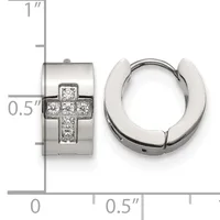 Pair of silver huggie earrings with a cross design set with diamonds, shown from front and side views with a measurement scale.