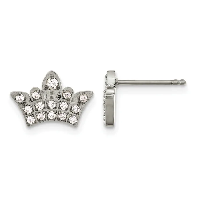A pair of silver crown-shaped stud earrings set with round cubic zirconia stones, shown from front and side views.