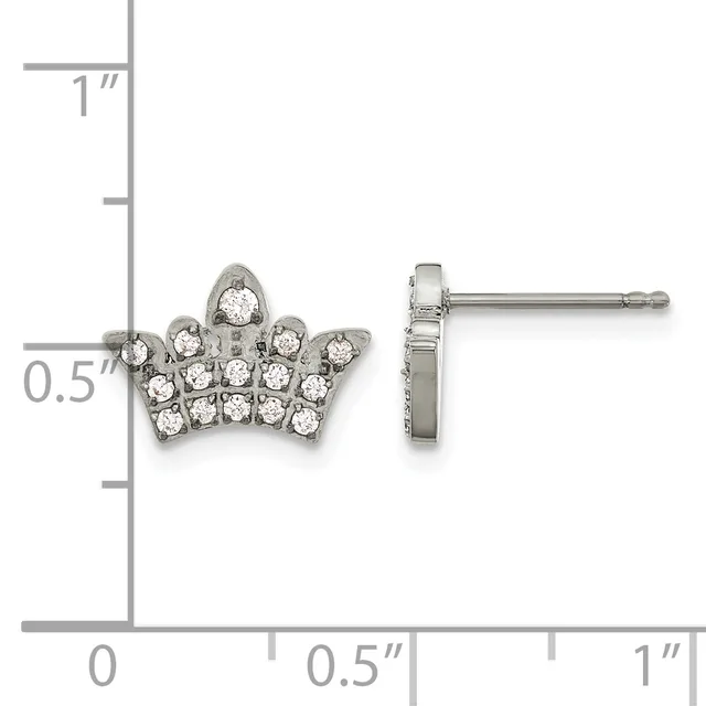 A pair of crown-shaped stud earrings set with round cubic zirconia stones in rhodium-plated silver, shown from front and side views with a measurement scale.