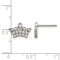 A pair of crown-shaped stud earrings set with round cubic zirconia stones in rhodium-plated silver, shown from front and side views with a measurement scale.