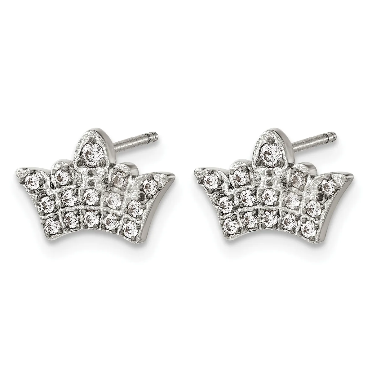 A pair of silver crown-shaped stud earrings set with round diamonds arranged in a decorative pattern, shown from the front.