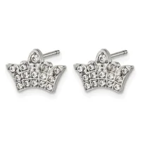 A pair of silver crown-shaped stud earrings set with round diamonds arranged in a decorative pattern, shown from the front.
