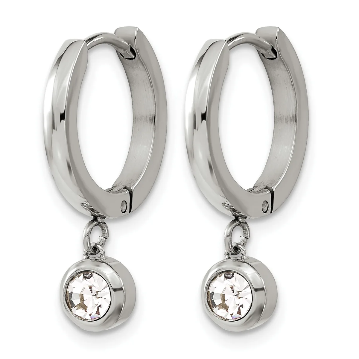 Pair of stainless steel hinged hoop earrings with polished and brushed finish, each suspending a small round pendant set with a clear cubic zirconia stone.