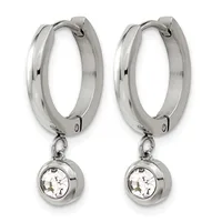 Pair of stainless steel hinged hoop earrings with polished and brushed finish, each suspending a small round pendant set with a clear cubic zirconia stone.
