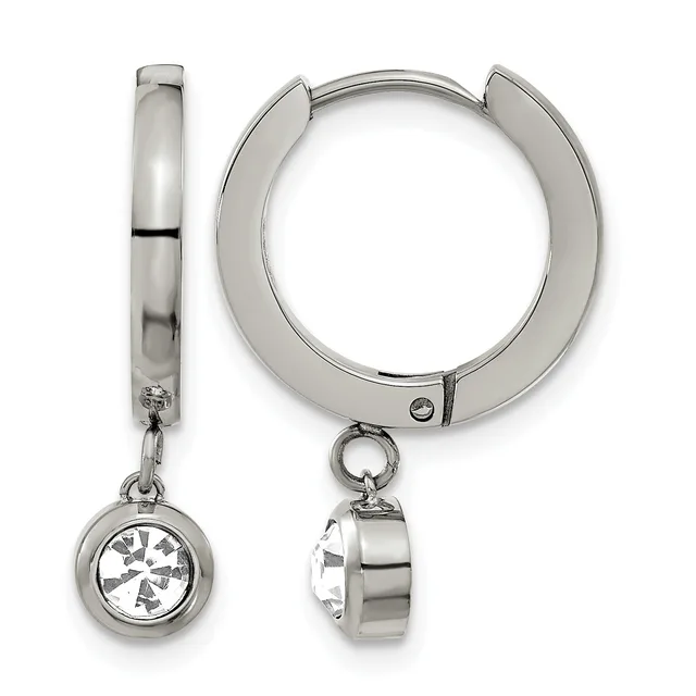 Pair of silver-toned hinged hoop earrings with dangling round bezels containing clear cubic zirconia stones, shown from front and side views.