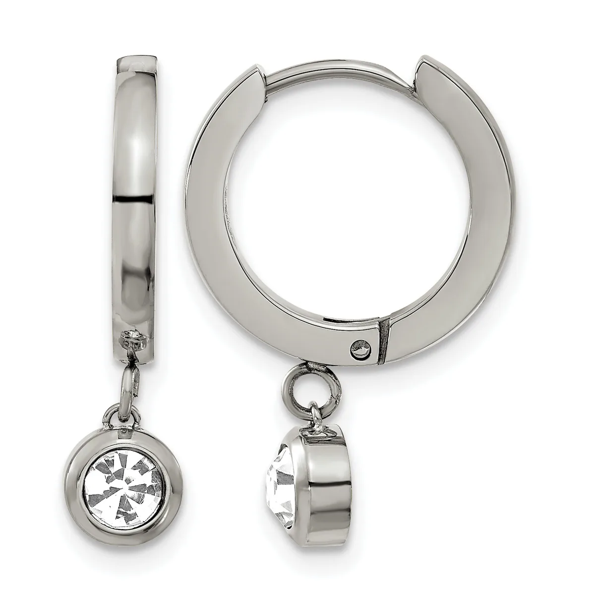 Pair of silver-toned hinged hoop earrings with dangling round bezels containing clear cubic zirconia stones, shown from front and side views.