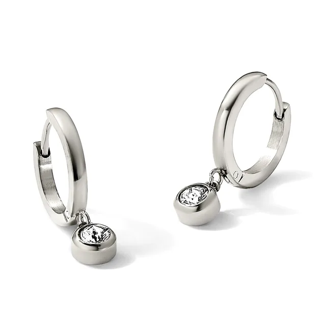 A pair of silver hoop earrings with diamond solitaire charms hanging from hinged closures, shown from front and side angles.