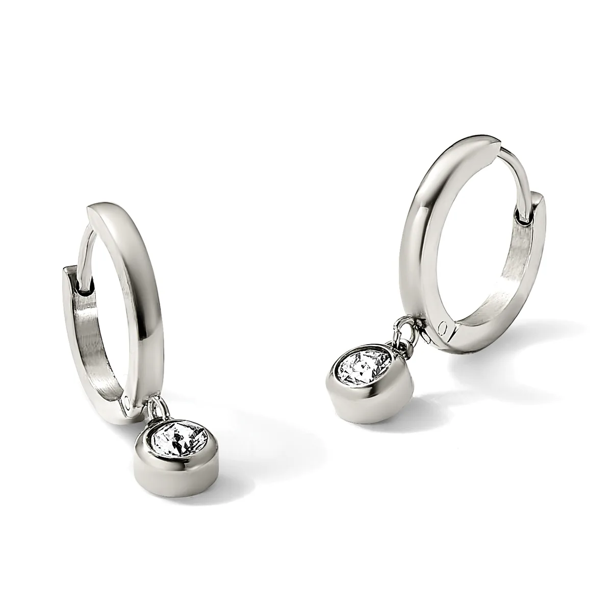 A pair of silver hoop earrings with diamond solitaire charms hanging from hinged closures, shown from front and side angles.