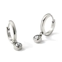 A pair of silver hoop earrings with diamond solitaire charms hanging from hinged closures, shown from front and side angles.