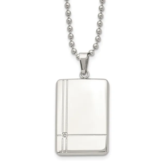Silver-toned rectangular pendant with vertical line detailing hanging from a ball chain necklace.