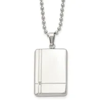 Silver-toned rectangular pendant with vertical line detailing hanging from a ball chain necklace.