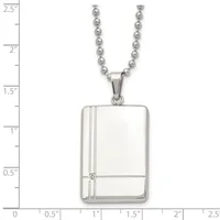 Silver-toned rectangular pendant with vertical line details and a small square stone accent, suspended from a ball chain, shown against a ruler measuring approximately 1.3 inches tall.