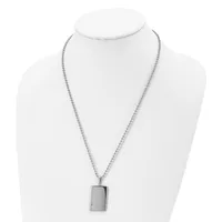 Silver-toned rectangular pendant necklace displayed on a white mannequin bust, with a delicate chain and polished metal pendant.