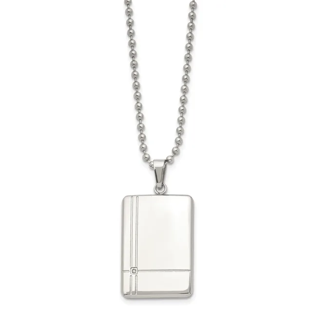 Stainless steel rectangular pendant with vertical and horizontal line details hanging from a stainless steel ball chain necklace.