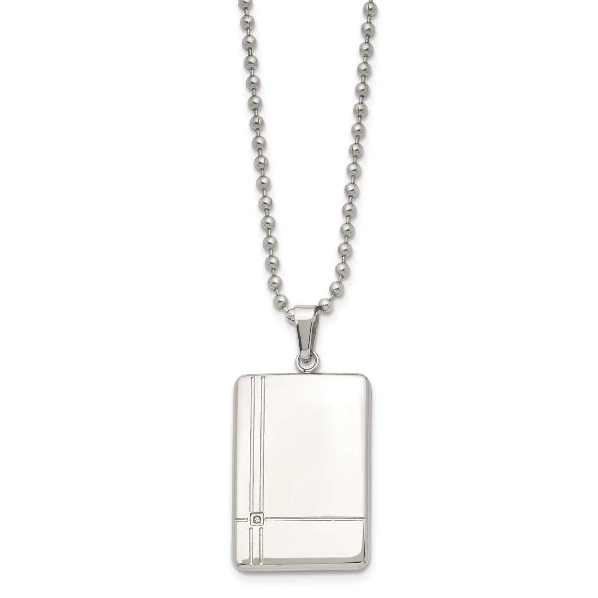 Stainless steel rectangular pendant with vertical and horizontal line details hanging from a stainless steel ball chain necklace.