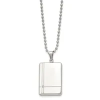 Stainless steel rectangular pendant with vertical and horizontal line details hanging from a stainless steel ball chain necklace.