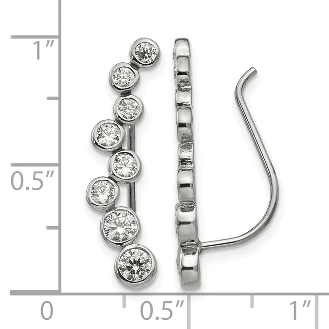 Silver ear climber earrings with eight round cubic zirconia stones set in bezels along a curved post, shown against a measurement scale.