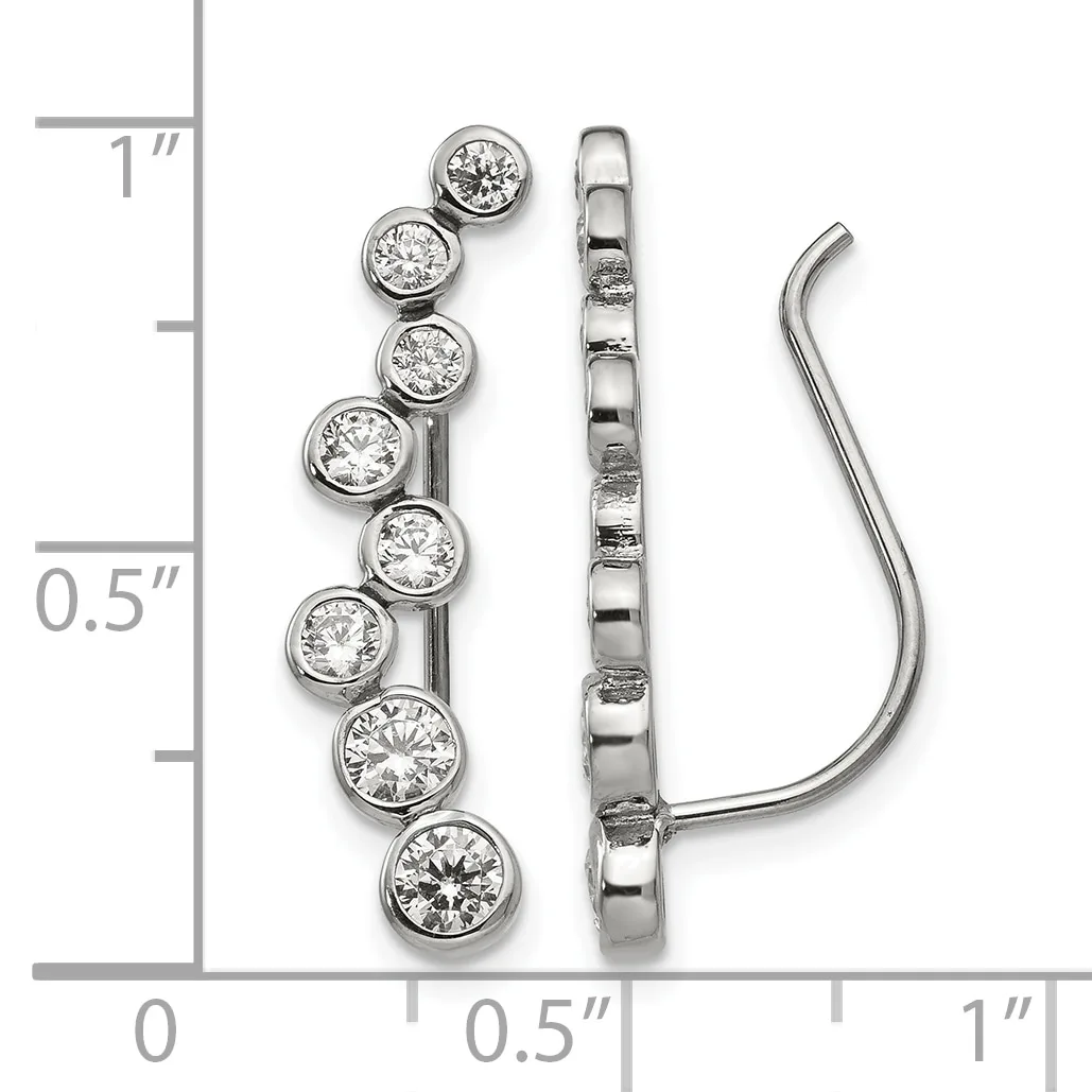 Silver ear climber earrings with eight round cubic zirconia stones set in bezels along a curved post, shown against a measurement scale.