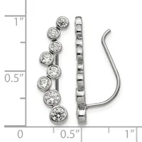 Silver ear climber earrings with eight round cubic zirconia stones set in bezels along a curved post, shown against a measurement scale.