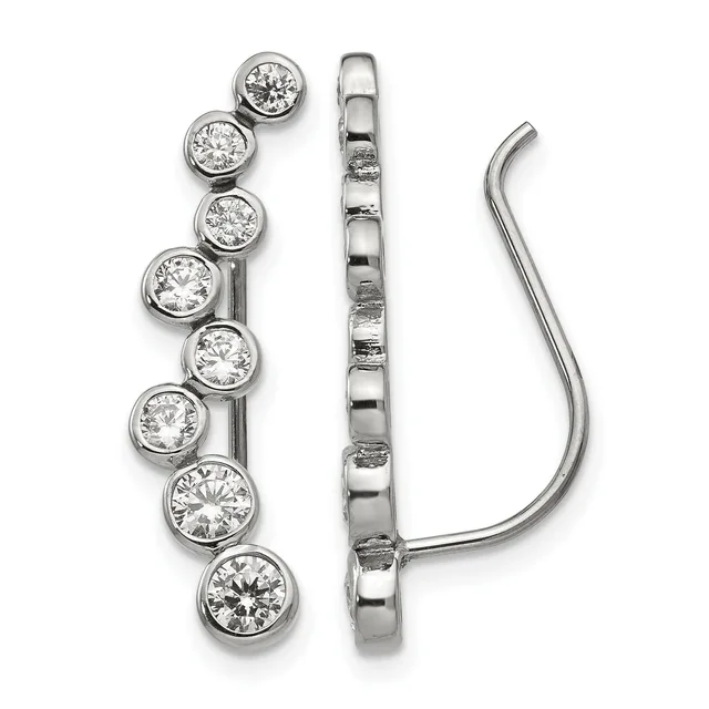 A pair of silver ear hooks with eight round diamonds arranged vertically on each hook, shown from front and side views.