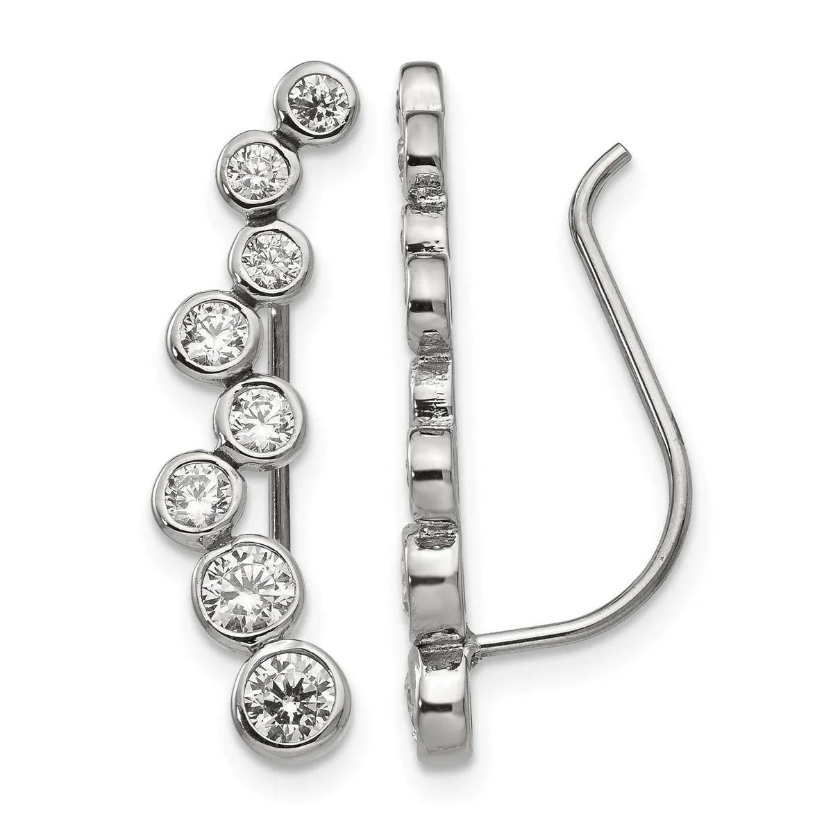 A pair of silver ear hooks with eight round diamonds arranged vertically on each hook, shown from front and side views.