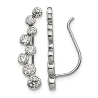 A pair of silver ear hooks with eight round diamonds arranged vertically on each hook, shown from front and side views.