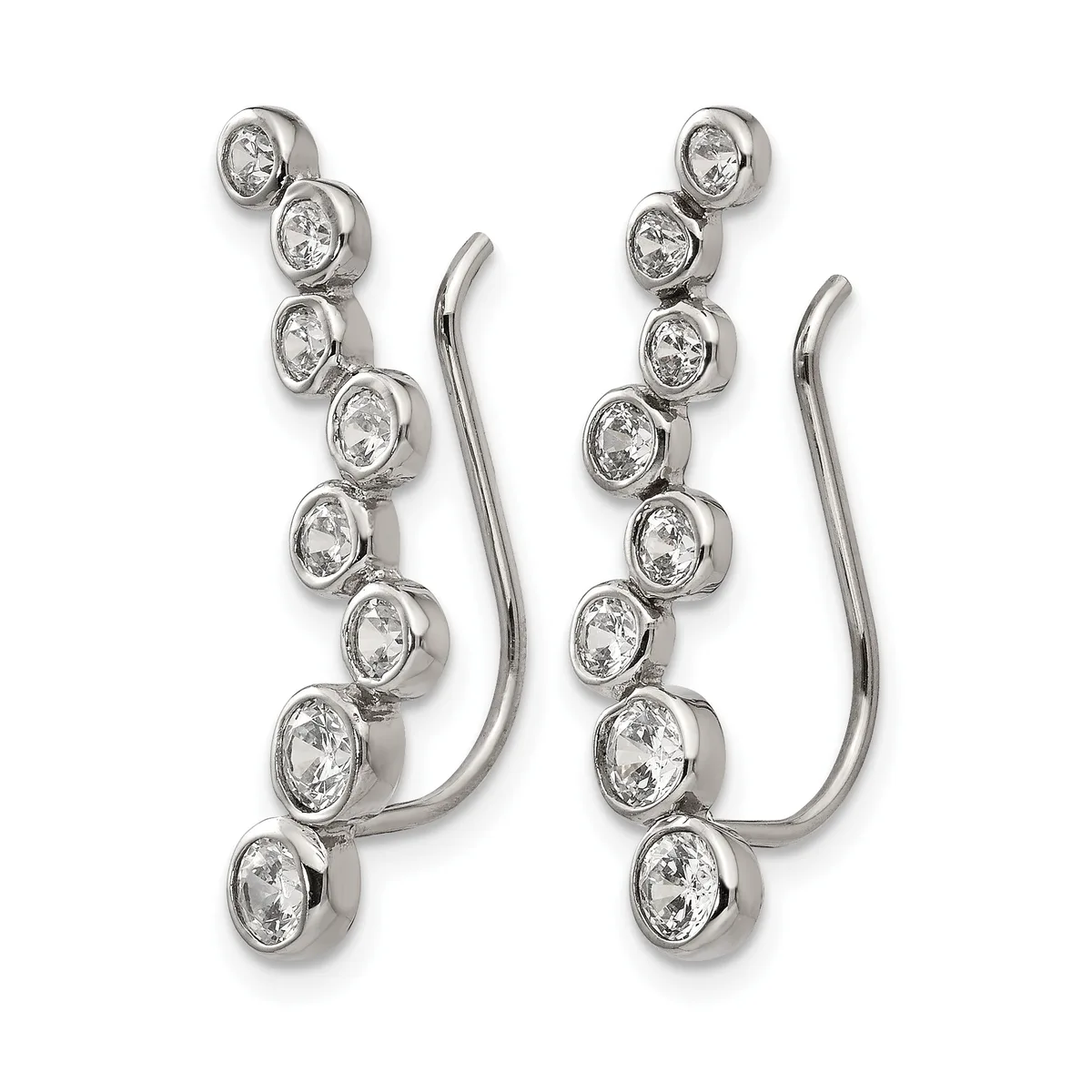 A pair of silver curved drop earrings, each featuring nine round diamond stones set in bezels along an arching wire with a hook fastening.