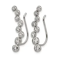 A pair of silver curved drop earrings, each featuring nine round diamond stones set in bezels along an arching wire with a hook fastening.