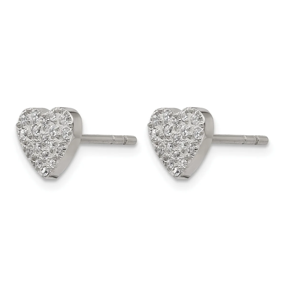 Pair of heart-shaped diamond stud earrings in white metal with post and butterfly backs.