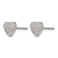 Pair of heart-shaped diamond stud earrings in white metal with post and butterfly backs.