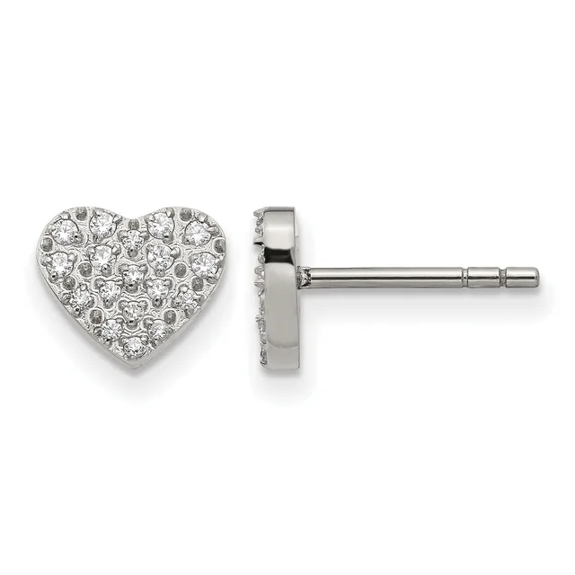 A pair of heart-shaped diamond stud earrings shown from front and side views, displaying a cluster of round diamonds set in white metal with post and clutch backs.