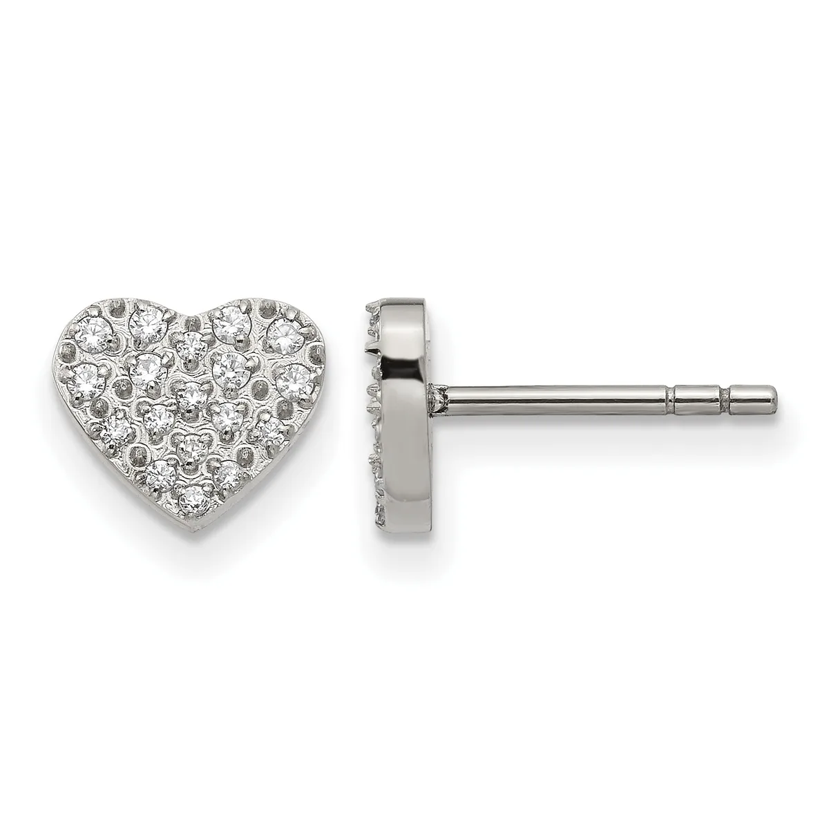 A pair of heart-shaped diamond stud earrings shown from front and side views, displaying a cluster of round diamonds set in white metal with post and clutch backs.