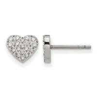 A pair of heart-shaped diamond stud earrings shown from front and side views, displaying a cluster of round diamonds set in white metal with post and clutch backs.