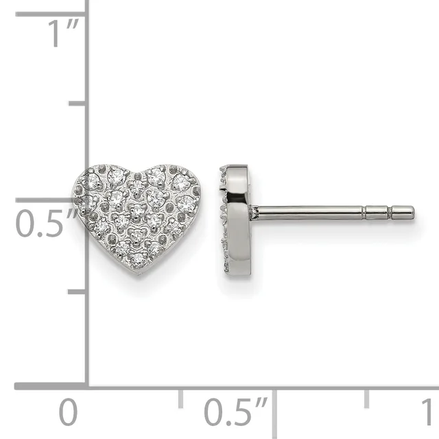 A pair of heart-shaped diamond stud earrings with a pave diamond setting on a white metal post back, shown front and side view with a measurement scale.