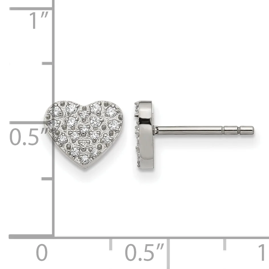 A pair of heart-shaped diamond stud earrings with a pave diamond setting on a white metal post back, shown front and side view with a measurement scale.
