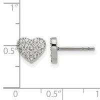 A pair of heart-shaped diamond stud earrings with a pave diamond setting on a white metal post back, shown front and side view with a measurement scale.